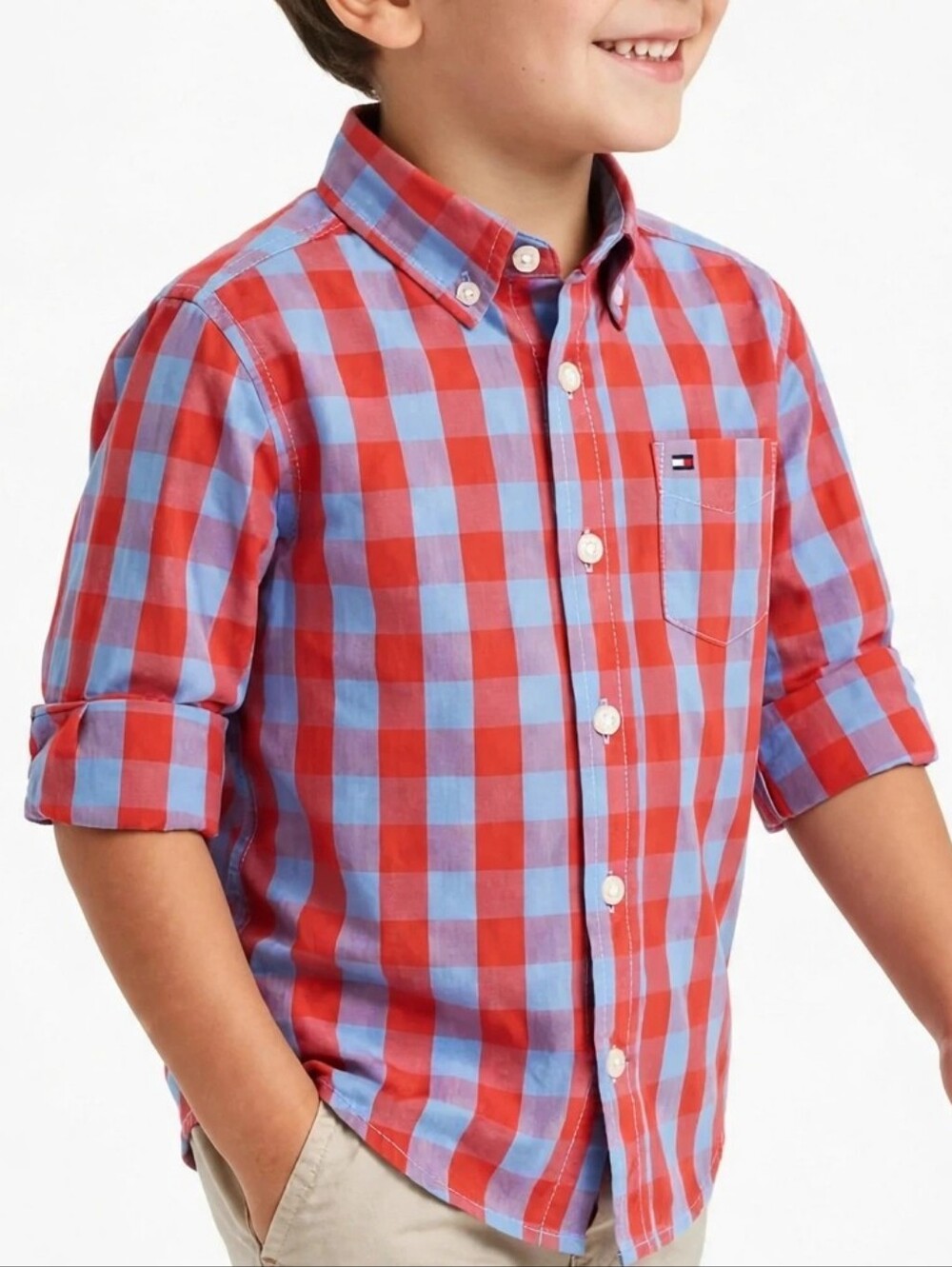 Tommy Hilfiger Boys' Red & Light Blue Check Button-Down Shirt Size 5